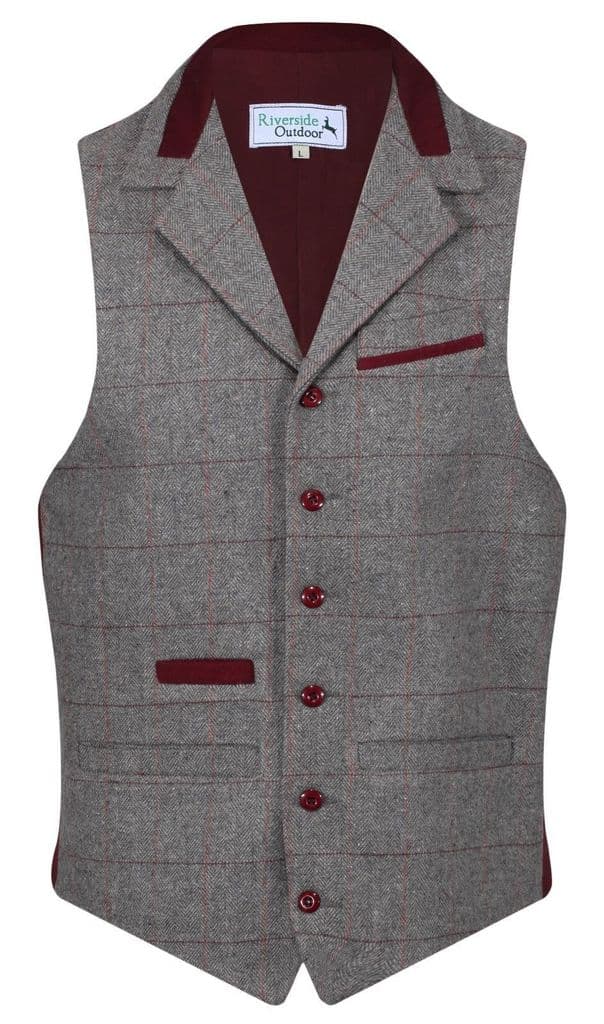 MENS WOOL Denford Quality TWEED Check Waistcoat With Collar Pewter Grey New
