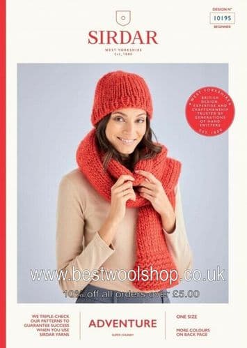10195 SIRDAR ADVENTURE SUPER CHUNKY UNISEX HAT & SCARF KNITTING PATTERN ONE SIZE