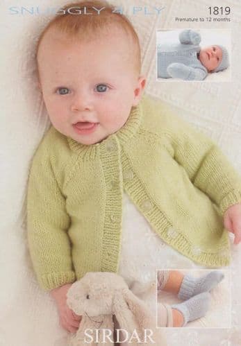 1819 SIRDAR SNUGGLY 4 LY CARDIGAN & SOCKS KNITTING PATTERN - PREMATURE TO 1 YEAR