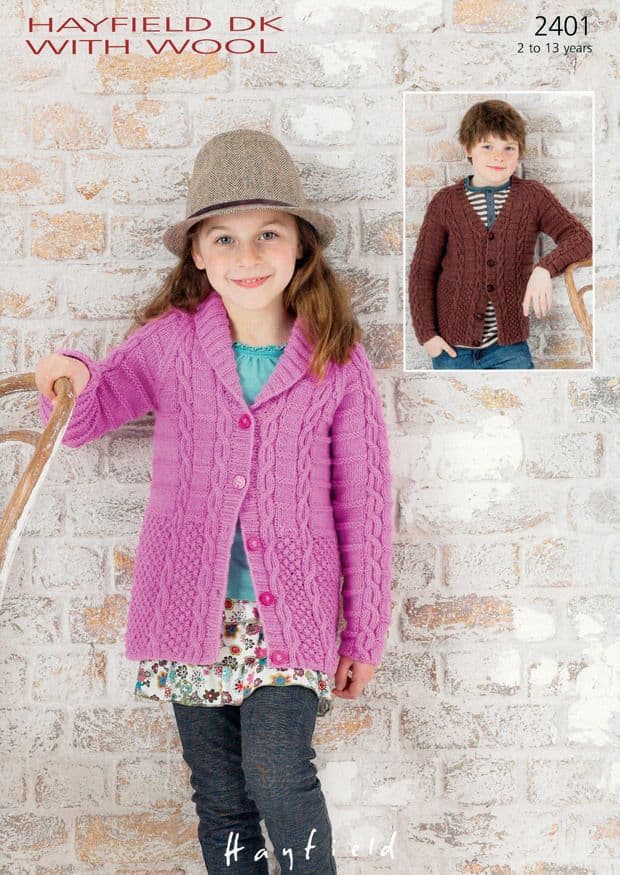 2401 - HAYFIELD DK WITH WOOL CARDIGAN KNITTING PATTERN - TO FIT 2 TO 13 ...