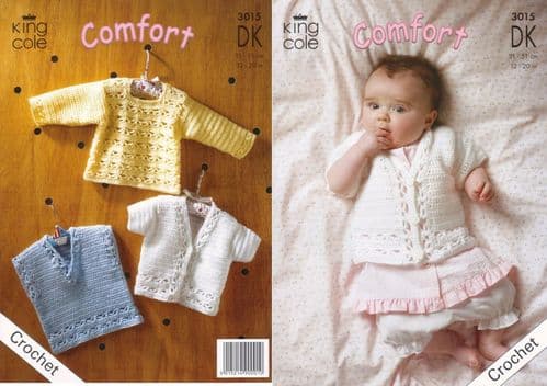 3015 - KING COLE COMFORT DK SWEATER CARDIGAN & TANK TOP CROCHET PATTERN - TO FIT SIZES PREMATURE TO 1 YEAR