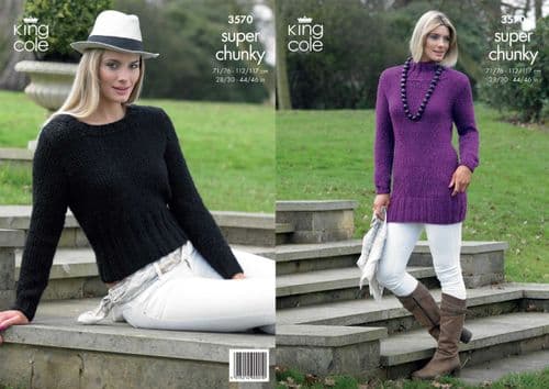 3570 - KING COLE MAXI-LITE SUPER CHUNKY SWEATER KNITTING PATTERN - TO FIT CHEST 28" TO 46"
