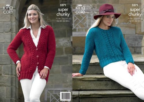 3571 KING COLE MAXI-LITE SUPER CHUNKY SWEATER & JACKET KNITTING PATTERN TO FIT CHEST 28 - 46"