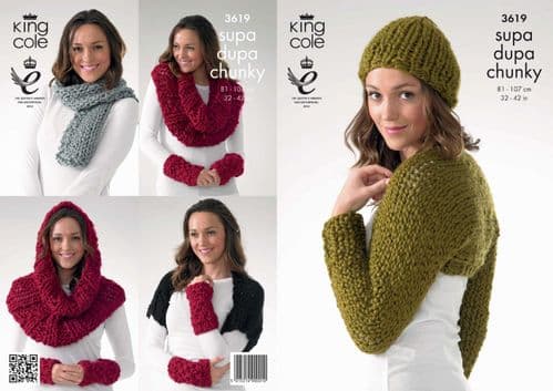 3619 - KING COLE SUPA DUPA EXTRA CHUNKY SHRUG SNOOD SCARF & HAT KNITTING PATTERN - TO FIT CHEST 32" TO 42"