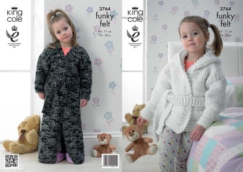 3764 - KING COLE FUNKY FELT - FELTS SUPER CHUNKY DRESSING GOWN HOODED JACKET KNITTING PATTERN - TO FIT CHEST18" TO 28"
