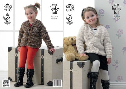 3766 - KING COLE FUNKY FELT - FELTS SUPER CHUNKY JACKET & SWEATER KNITTING PATTERN - TO FIT CHEST 20" TO 30"