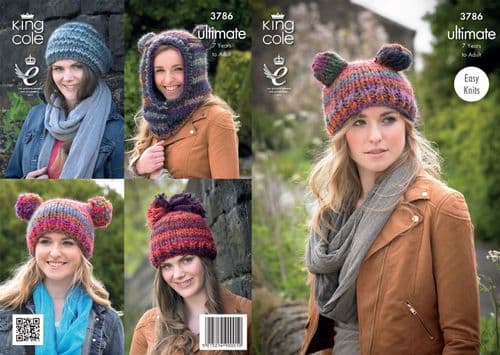 3786 - KING COLE ULTIMATE SUPER CHUNKY HAT & HOOD KNITTING PATTERN - TO FIT 7RS TO  ADULT