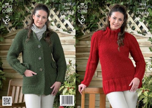 3818 - KING COLE BIG VALUE SUPER CHUNKY COAT & TUNIC KNITTING  PATTERN - TO FIT 32" TO 44"
