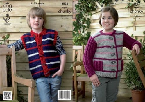 3822 - KING COLE BIG VALUE SUPER CHUNKY JACKET & GILLET KNITTING  PATTERN - TO FIT 26" TO 32"