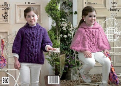 3823 - KING COLE BIG VALUE SUPER CHUNKY CAPE & SWEATER KNITTING  PATTERN - TO FIT 26" TO 32"