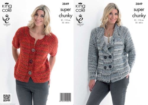 3849 - KING COLE GYPSY SUPER CHUNKY JACKET & CARDIGAN KNITTING PATTERN - TO FIT 32" TO 44"