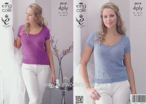 3919 - KING COLE BAMBOO COTTON 4 PLY SHORT SLEEVE SWEATER & CARDIGAN KNITTING PATTERN - 32" TO 42"