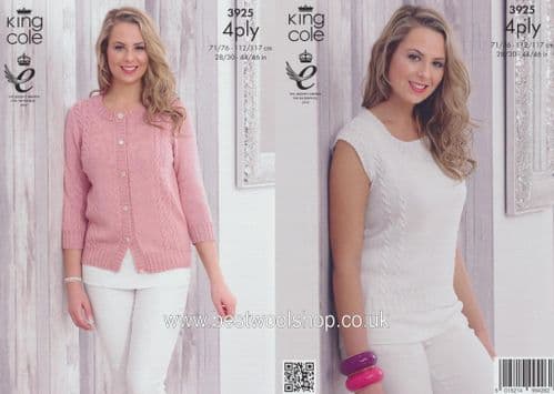 3925 - KING COLE BAMBOO COTTON 4 PLY CABLED CARDIGAN & TOP KNITTING PATTERN - TO FIT 34" TO 50"