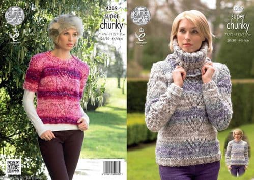 4289 - KING COLE BIG VALUE SUPER CHUNKY TINTS SWEATER KNITTING PATTERN -  TO FIT CHEST 28" TO 46"