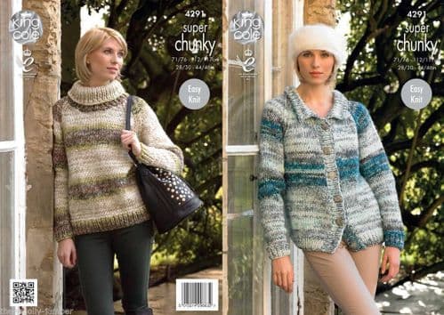 4291 - KING COLE BIG VALE SUPER CHUNKY TINTS CARDIGAN SWEATER KNITTING PATTERN -  TO FIT CHEST 28" TO 46"