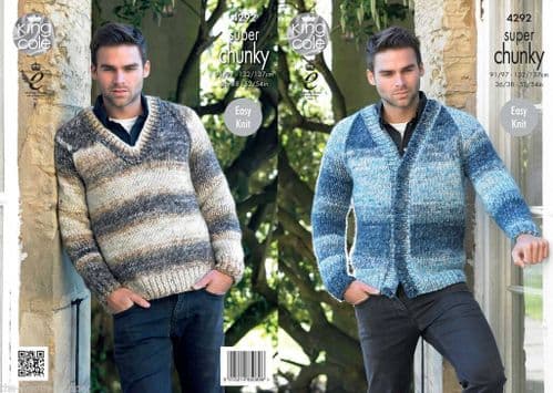 4292 - KING COLE BIG VALUE SUPER CHUNKY TINTS SWEATER & CARDIGAN KNITTING PATTERN - TO FIT CHEST 36" TO 54"