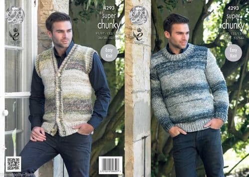 4293 - KING COLE BIG VALUE SUPER CHUNKY TINTS SWEATER & WAISTCOAT KNITTING PATTERN - TO FIT CHEST 36" TO 54"