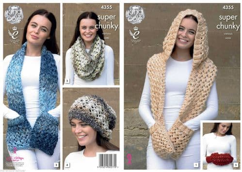 4355 - KING COLE SUPER CHUNKY TINTS SCARF SNOOD HAT HAND WARMER KNITTING PATTERN - VARIOUS SIZES