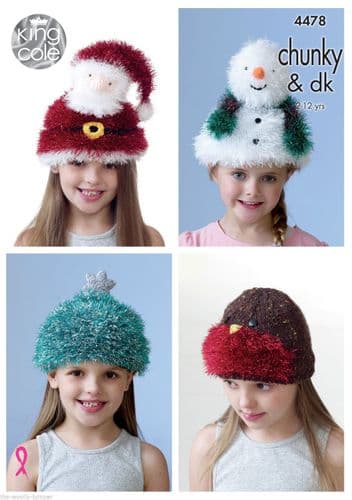 4478 KING COLE TINSEL CHUNKY KID'S NOVELTY HAT KNITTING PATTERN 2 TO 12 YRS