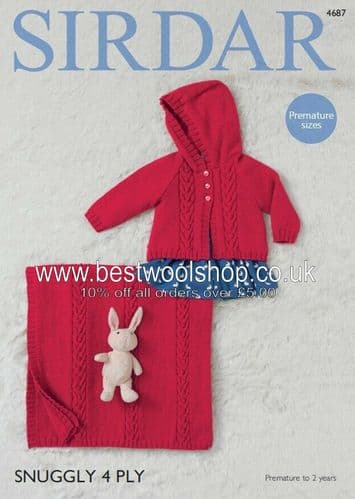 4687 PDF SIRDAR SNUGGLY 4 PLY HOODED CARDIGAN JACKET & BLANKET KNITTING PATTERN - PREMATURE TO 2 YRS
