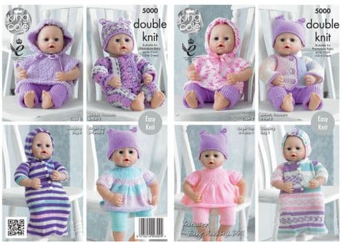 5000 - KING COLE DK & CHUNKY DOLLS CLOTHES KNITTING PATTERN - TO FIT UP TO 12" CHEST