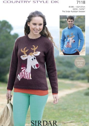 7118 - SIRDAR COUNTRY STYLE DK RUDOLPH SWEATER KNITTING PATTERN - TO FIT CHEST 32" TO 54"