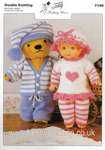 7140 - DOLL TEDDY & PREMATURE BABY PYJAMAS & NIGHT CAPS DK KNIT. PATTERN - TO FIT HEIGHT 12" TO 22"