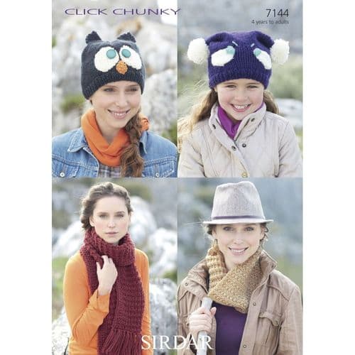 7144 - SIRDAR CLICK CHUNKY SCARF SNOOD &  HAT KNITTING PATTERN - 4 YEARS TO ADULT
