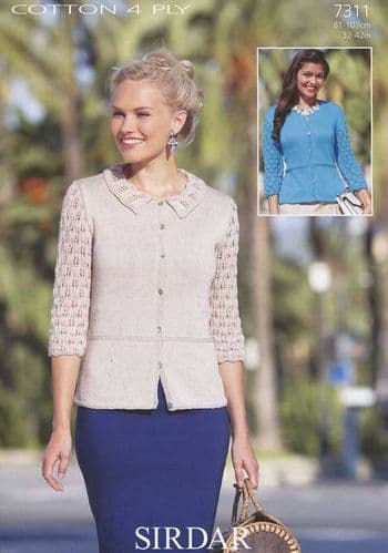 7311 - SIRDAR COTTON 4 PLY CARDIGAN KNITTING PATTERN - TO FIT 32" TO 42"