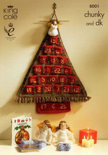 8001 KING COLE CHUNKY AND DK ADVENT TREE & ANGEL  KNITTING PATTERN