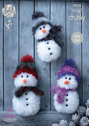 9030 KING COLE EASY KNIT TINSEL CHUNKY SNOWMAN KNITTING PATTERN