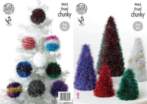 9035 KING COLE EASY KNIT TINSEL CHUNKY TREE & BAUBLES KNITTING PATTERN