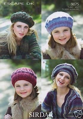 9075 - SIRDAR ESCAPE DK BERETS HATS KNITTING PATTERN  - TO FIT 4 YEARS TO ADULT