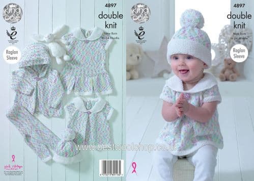 4897- KING COLE CHERISH & CHERISHED DK DRESS HOODIE TOP & HAT KNITTING PATTERN - TO FIT 0 TO 2 YEARS