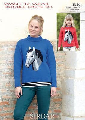 9836 - SIRDAR WASH N WEAR CREPE DK HORSE SWEATER KNITTING PATTERN - TO FIT 24" TO 46"