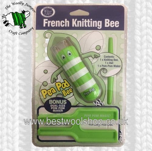 CLASSIC KNIT FRENCH KNITTING BEE WITH AWL & DUAL SIZE POM POM MAKER - PEA POD GREEN