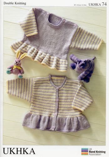 UKHKA 074 - DK FRILLY BOTTOM CARDIGAN & SWEATER KNITTING PATTERN - TO FIT 12" TO 24"